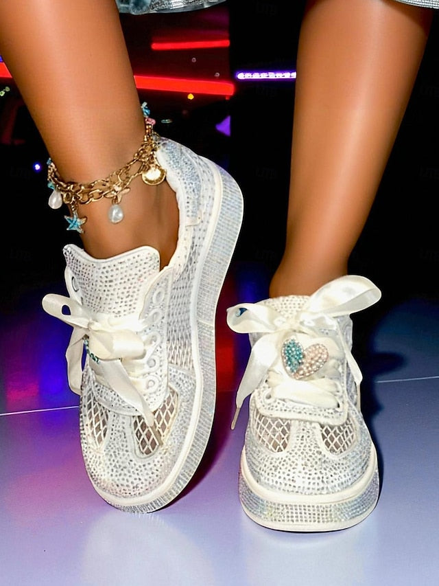 Laces Sneakers Satin White Ribbon with Women's Rhinestone