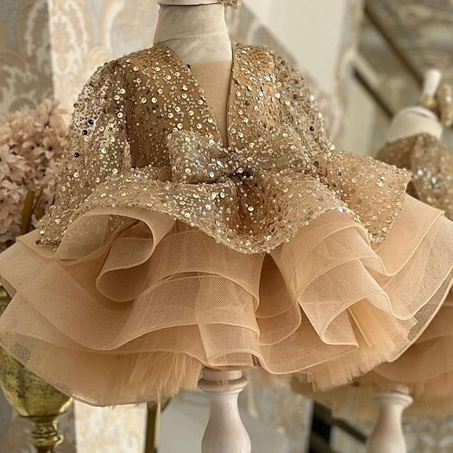 3/4 Kids Color Party Sleeve Length Dress Solid Girls'