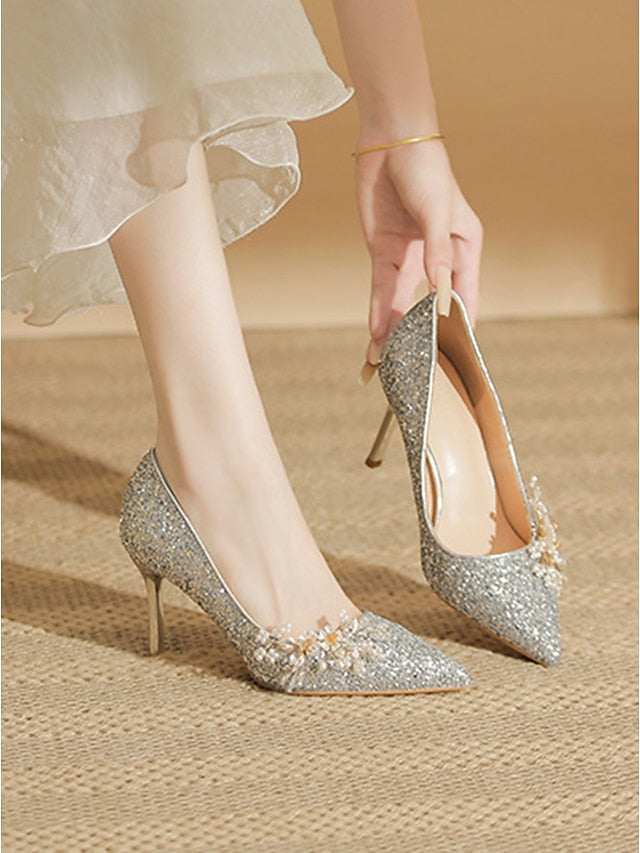Heels Silver Glitter with Stiletto Floral Women's
