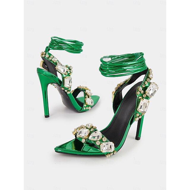 Lace-Up Metallic Stiletto Heels with Green Women's