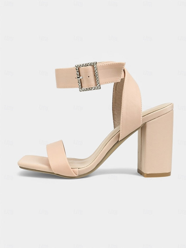 Nude Block Satin Rhinestone Sandals Heel with Women's