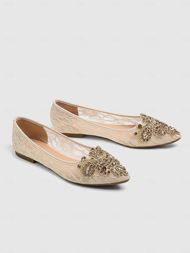 Beige Lace Women's Elegant Ornate Ballet with Flats
