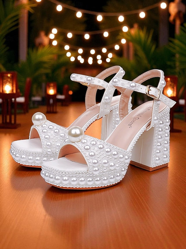 Pearl Sandals Embellished White Block Platform Heel Women's