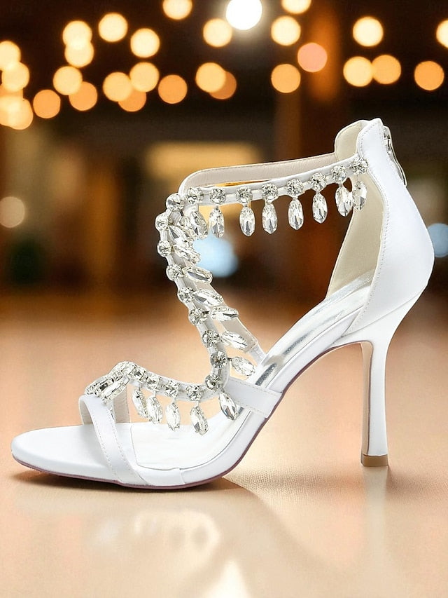 with High Rhinestone White Women's Sandals Heel Strappy