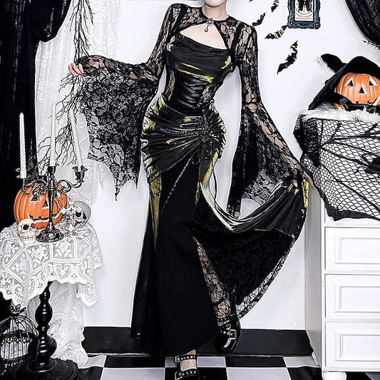 Gothic Maxi Dress Shrug Top Bell Sleeve Witch Morticia Addams