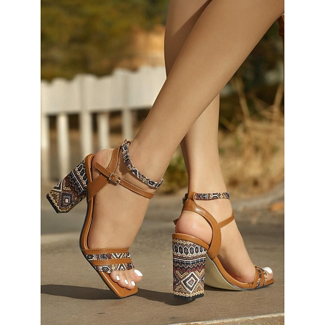 Women's Heels Boho-Chic Textured Patterned with Strap Block