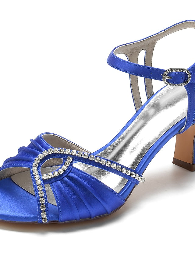 Satin Navy – Sandals Women's Blue Heeled Rhinestone