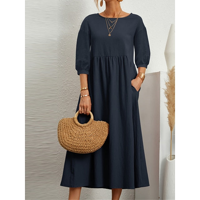 Women's Blue Black White Summer Spring Midi Dress Faux