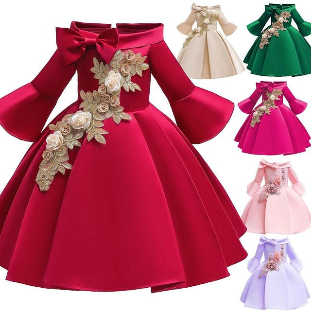 Formal Sleeve Party 3/4 Floral Kids Dress Length Girls'