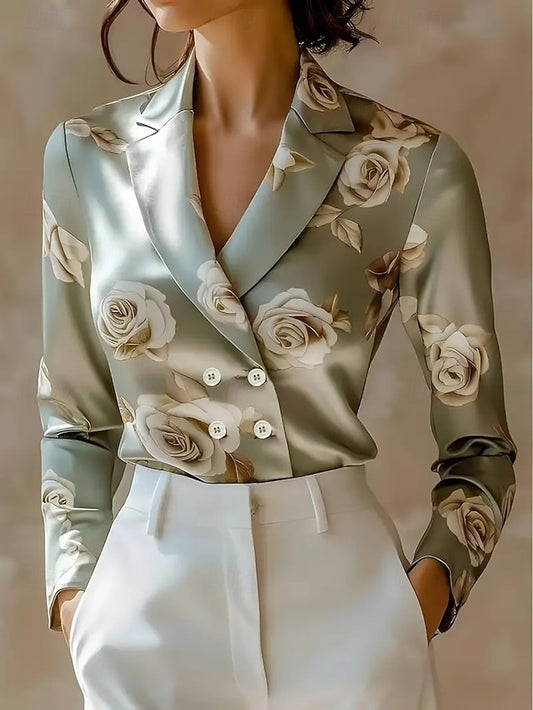 Women's Elegant Dressy Satin Top Blouse Flower Vintage