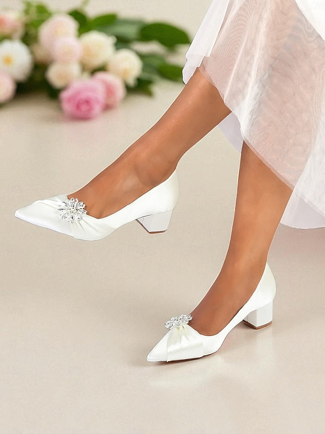 Crystal Block White Pumps Low with Women's Heel