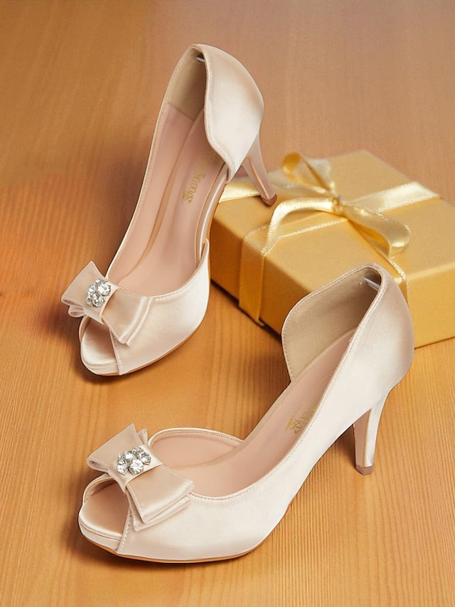 Bow Satin Champagne Toe and Heels Peep with Women's