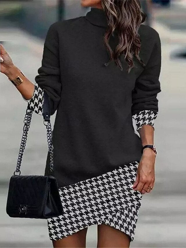 Women's Ombre Plaid Turtleneck Mini Dress Long Sleeve