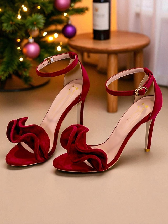 Red Heel Velvet Ankle Strap - Elegant High Sandals Women's