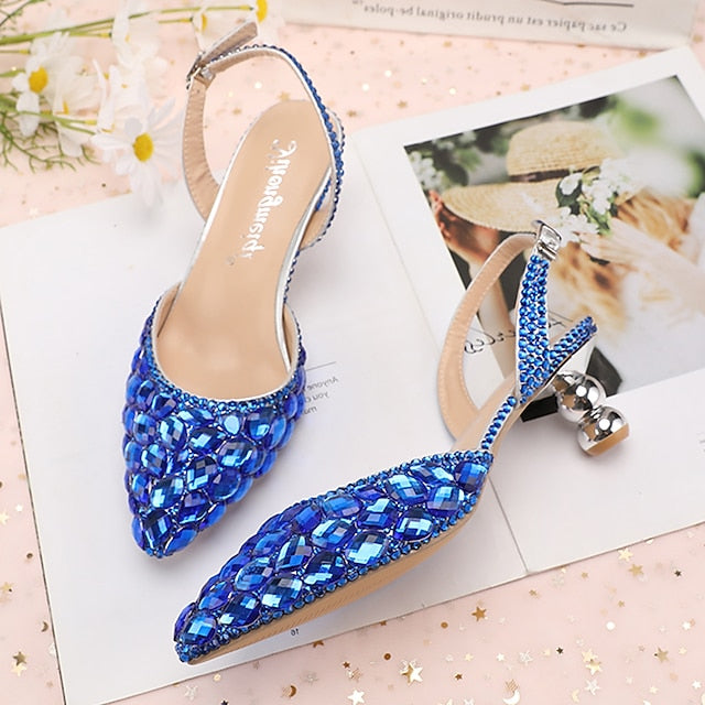 High Rhinestone Slingback Heels Pointed-Toe Women's Crystal