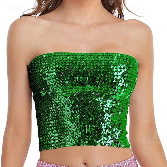 Retro Vintage 1980s Shiny Metallic Tube Top Disco Sequins Solid