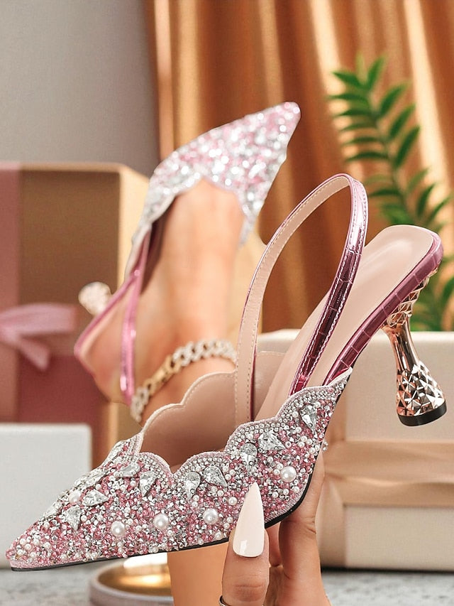Toe Slingback Heels Pink - Pointed Women's Rhinestone Party