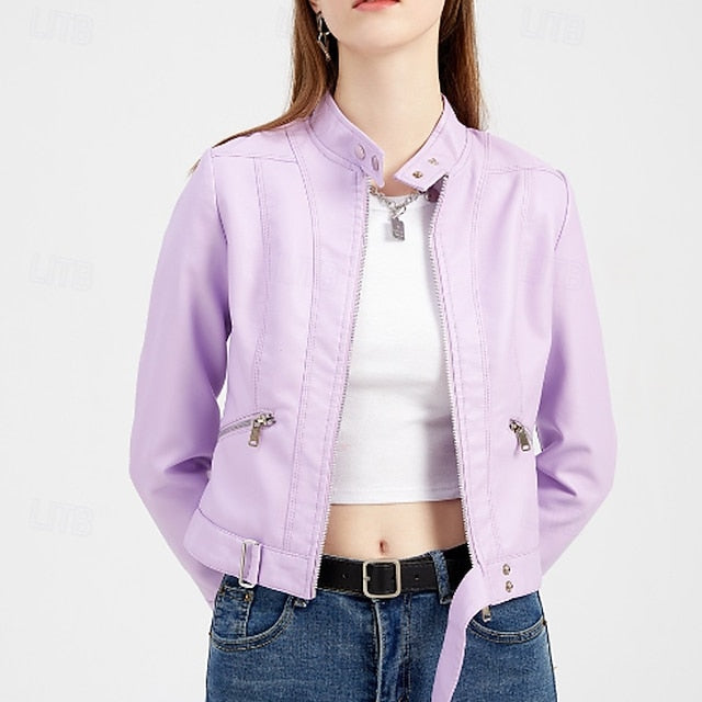 Jacket Zipper Pocket Leather Comfortable Faux Women's