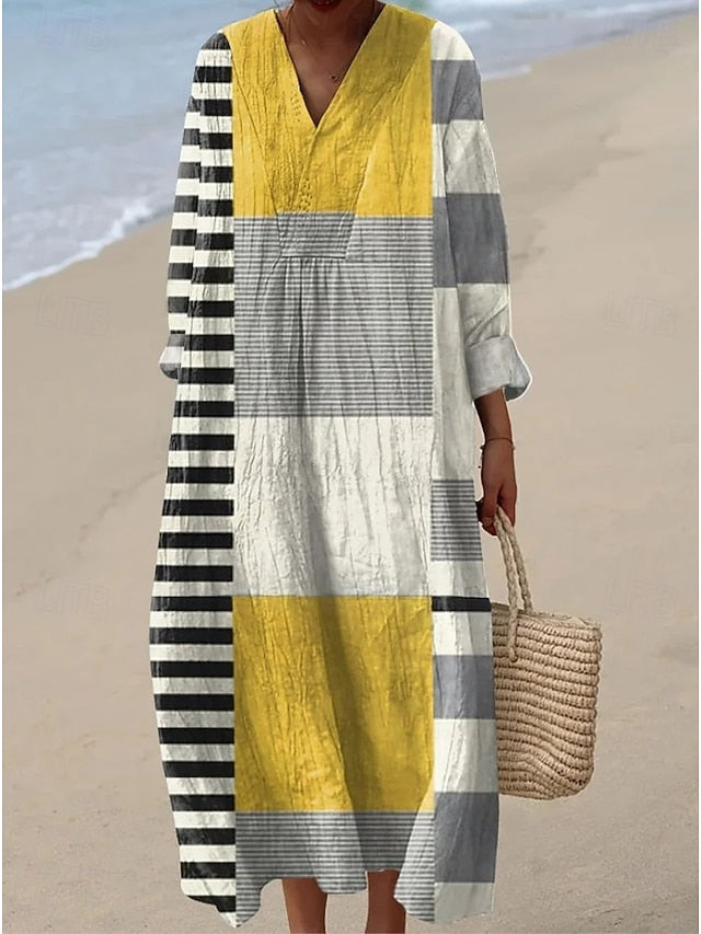 Women's Midi Dress V Neck Long Sleeve Kaftan Lightweight