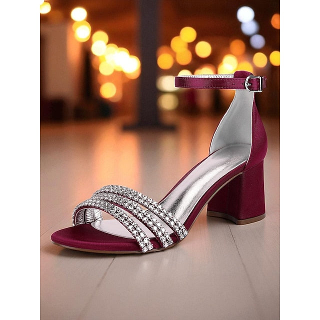 with Women's Block Sandals Satin Rhinestone Heel Purple