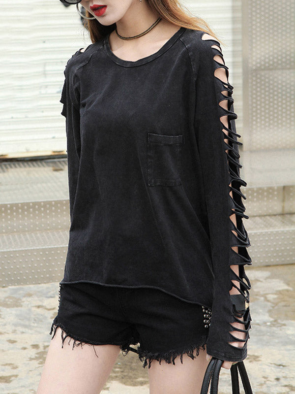 Black Sleeves T-shirt Out Long Round-neck Street Loose Hollow