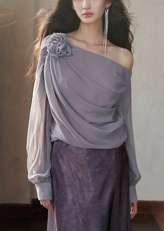 Chiffon Asymmetrical Fashion Sleeve Long Solid Grey Shirt