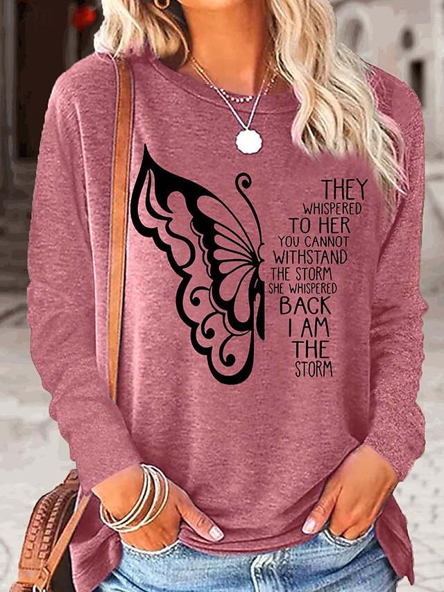 Women's T shirt Long Sleeve Butterfly Letter Fashion Casual