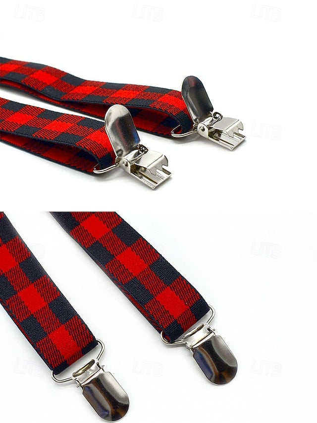 Adjustable Plaid Christmas Bow Set and Suspender Men's Tie