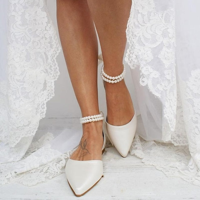 Flats Women's Ankle Elegant White – Pearl Strap Bridal