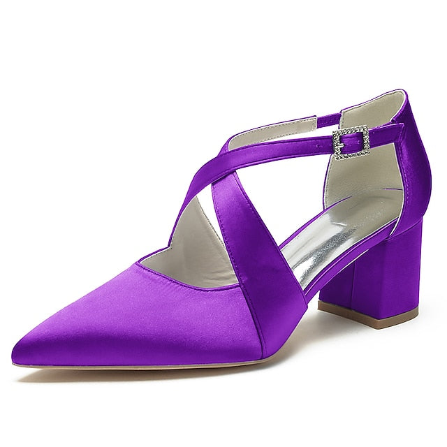 Heels Elegant Women's Pointed – White Toe Block Satin