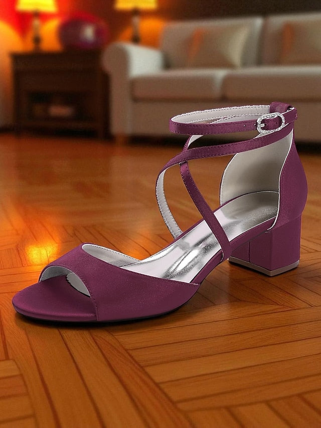 - Elegant Women's Satin Sandals Ankle Strap Heel Block with