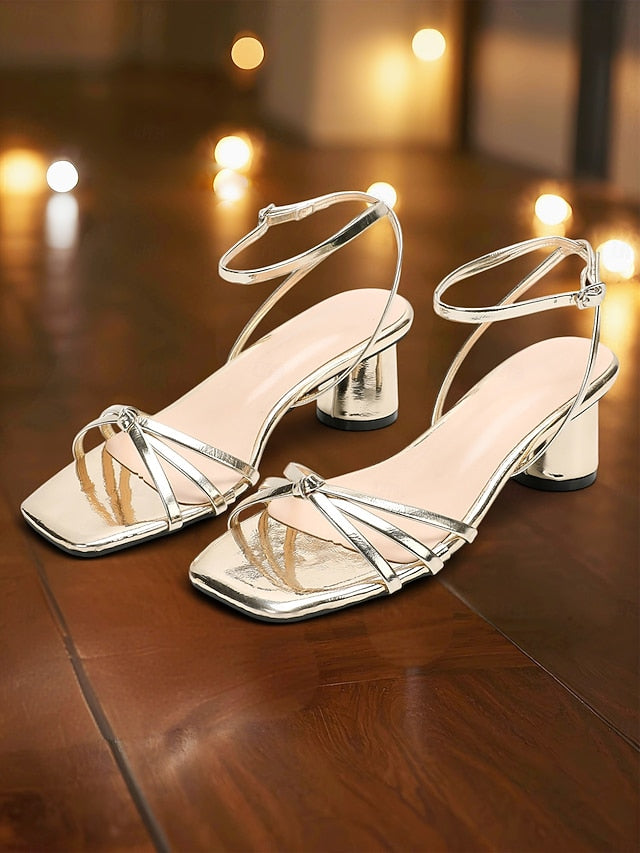 Gold Block Ankle Women's Heels Shiny Metallic Strap –