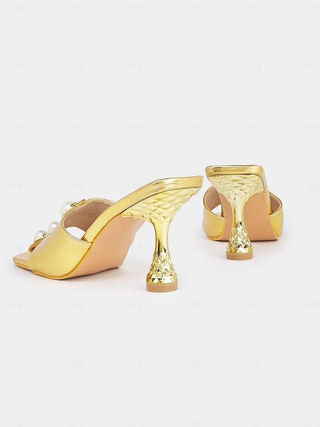 Open-Toe Pearl Women – for Gold Mules Detailing Elegant with
