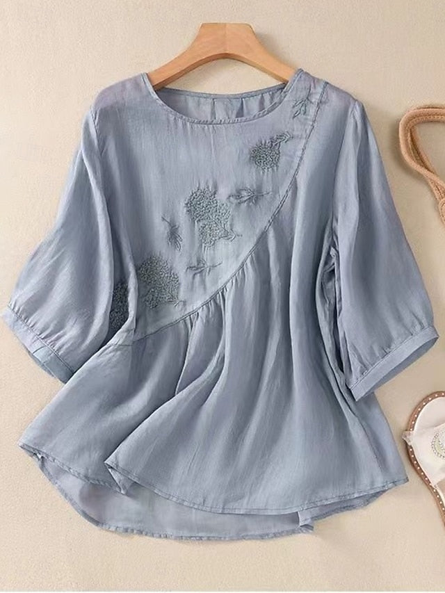 Women's Shirt Cotton Linen Shirts Blouse Solid Color Basic