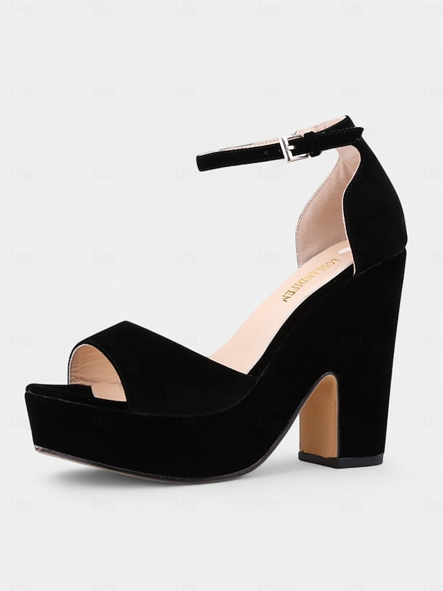 Platform Heel Block Nude Chunky Women's Sandals - Suede