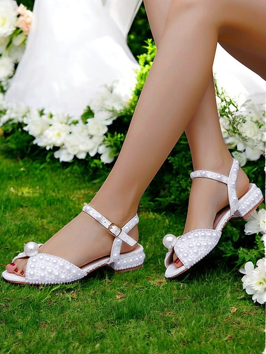 Heel White Sandals – Low Pearl-Embellished Women's