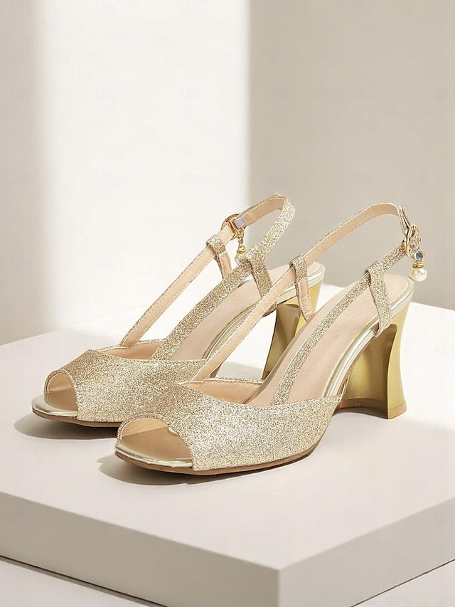 Glitter Slingback Sparkly Open-Toe Heels - Women's Gold