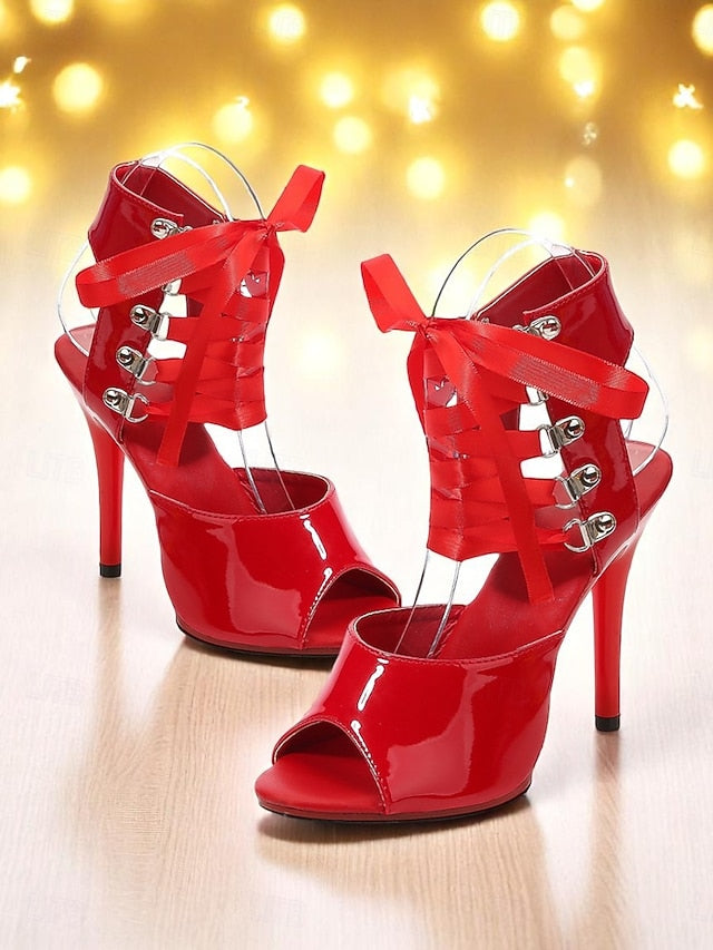 Women's Black - Sandals Cutout Lace-Up Stiletto Sexy Patent