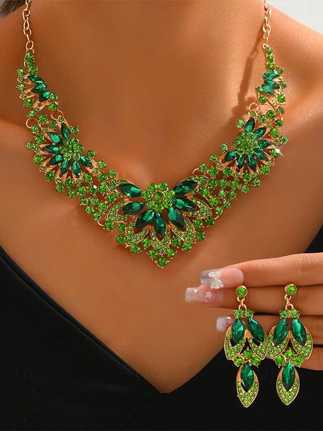 Green Set Elegant Statement Jewelry Necklace Crystal –