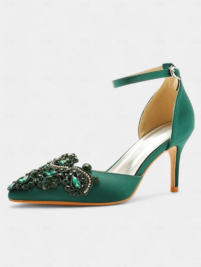 Ankle – Green Emerald Women's Heels Satin Strap Pointed