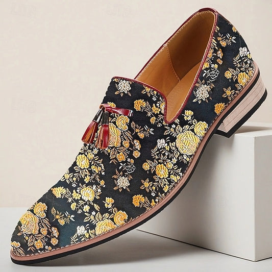 Men's for Loafers with Pattern Jacquard Floral Tassels