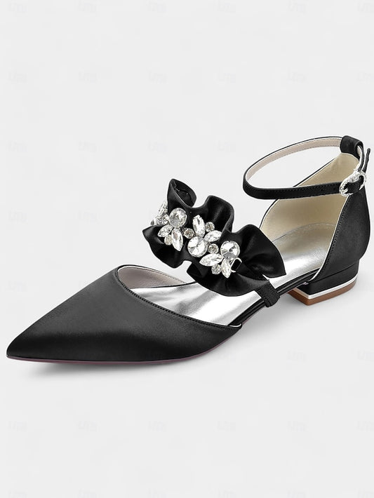 Black Rhinestone Satin Women's with Pointed-Toe Flats