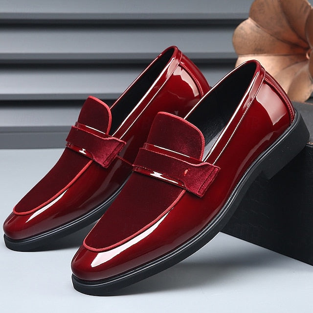 – Velvet Design Faux Sleek Leather with Red Men's Loafers