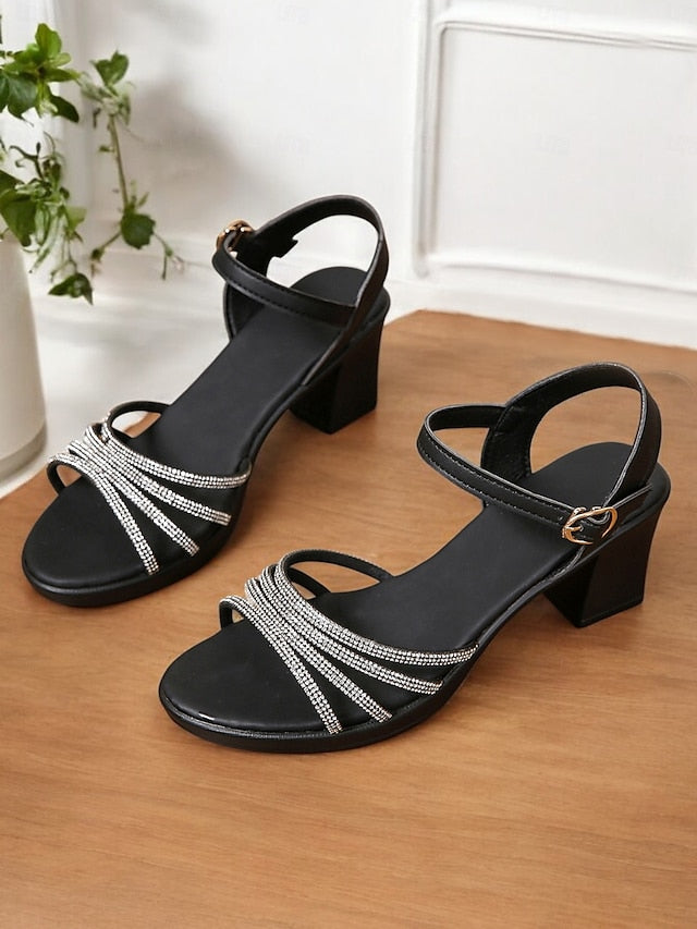 Strappy Sandals Heel Comfortable - Rhinestones Block Black with