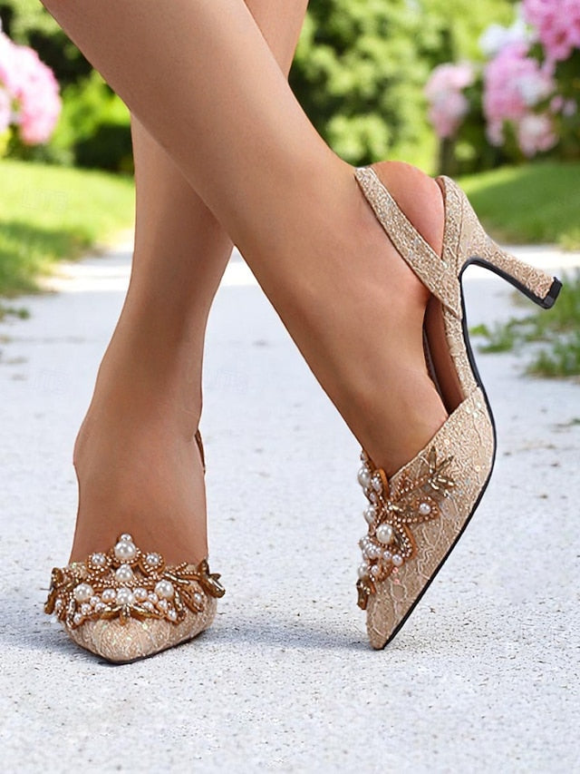 Pearl Black Heels with Slingback Satin Detailing Women's -