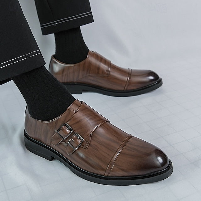 Shoes Strap Faux Men's –  Leather Double Monk Brown