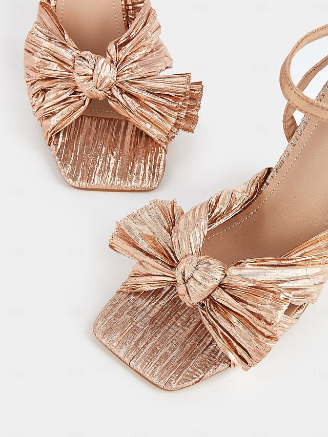 Knot Textured Detail Rose Sandals Block with and Gold Heel