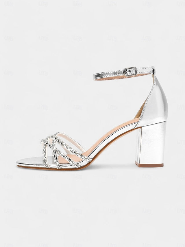 Heel Silver Strappy Sandals with Block Rhinestone Metallic