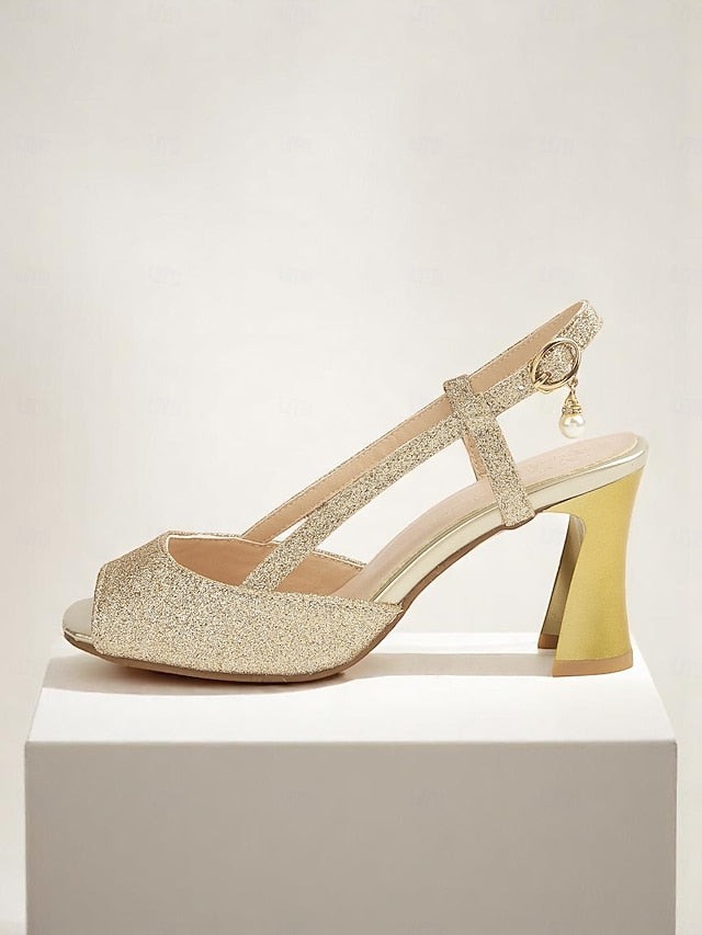 Glitter Slingback Sparkly Open-Toe Heels - Women's Gold