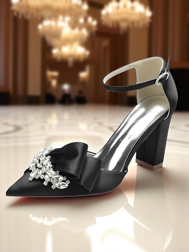 Satin Women's and Block Heel Pumps Crystal Bow with